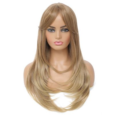 Picture of SWACC Long Layered Straight Wig with Bangs Synthetic Hair Wig for Women with Wig Cap (Light Brown Beige Ombre)