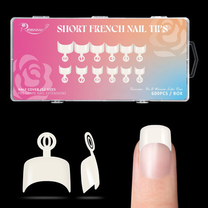 Picture of Ranrose 600PCS Short French Style False Nails Half Cover Nails Tips,Natural Short Acrylic Extension Finger Nail 12 Sizes with Box