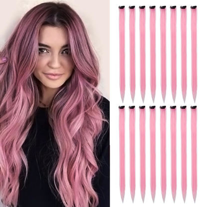 Picture of KGBFASS Colored Clip In Hair Extensions 20Inch Straight Syntactic Pink Color Hairpiece Rainbow Party Highlights for Women Girls Kids 16Pcs (Pink Ⅱ)