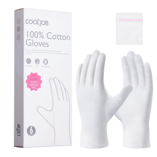 Picture of COOLJOB 6 Pairs 100% Cotton Gloves for Dry Hands Moisturizing & Eczema, Overnight Lotion, Sleep & Spa Treatment for Women & Men, Breathable Work Glove Liners, White, Small