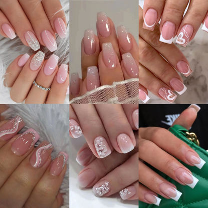 Picture of 6 Packs (144 Pcs) Press on Nails Medium - Jsiallye Pink Gradient Press on Nails Square Coffin, Glue on with Nail in 12 Sizes - 24 Fake Nails Kit, French Tip Stick on Nails for Women