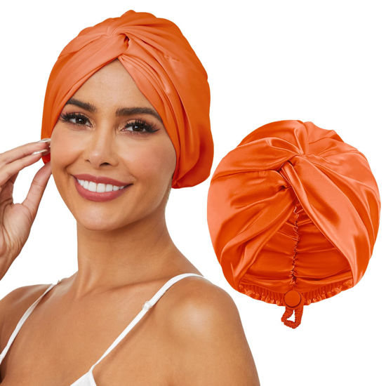 Picture of HFRHTGY Adjustable Silk Satin Hair Bonnet for Sleeping, Double Layer Hair Wrap Sleep Cap Turban for Women Men, Curly Straight Hair Long Large Braid Unisex (Tangerine Orange 58)