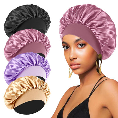 Picture of 4PCS Silk Bonnet for Sleeping,Hair Wrap Satin Bonnets Shower Cap for Black Women Men, Elastic Wide Band Hair Bonnet Cap for Sleeping Curly Hair(Black & Bean Paste Pink & Purple & Brown)