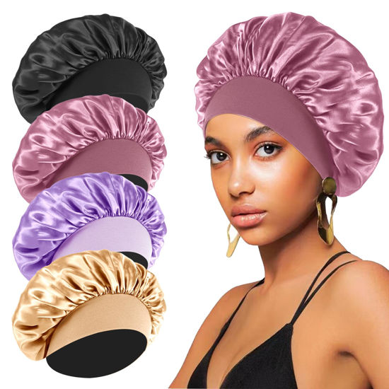 Picture of 4PCS Silk Bonnet for Sleeping,Hair Wrap Satin Bonnets Shower Cap for Black Women Men, Elastic Wide Band Hair Bonnet Cap for Sleeping Curly Hair(Black & Bean Paste Pink & Purple & Brown)