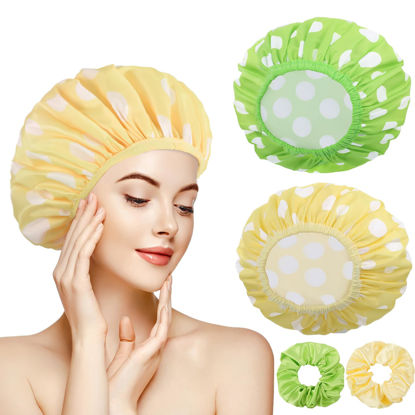 Picture of 2 Sets Large Shower Caps for Women, Waterproof Shower Cap Double Layers Bath Caps Stocking Stuffers for Women Long Thick Hair (Cyan/Yellow)