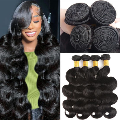 Picture of Katspon 12A Human Hair Bundles 18 20 22 24 Inch Body Wave Bundles Human Hair 100% Unprocessed Brazilian Virgin Hair 4 Bundles Deals Human Hair Extensions Quick Weave Bundles Human Hair Natural Black