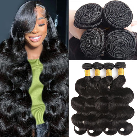 Picture of Katspon 12A Human Hair Bundles 18 20 22 24 Inch Body Wave Bundles Human Hair 100% Unprocessed Brazilian Virgin Hair 4 Bundles Deals Human Hair Extensions Quick Weave Bundles Human Hair Natural Black