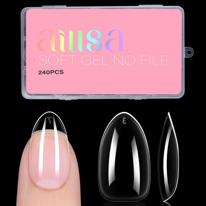 Picture of AILLSA Short Almond Nail Tips for Valentine's Day, 15 Sizes 240PCS Preshaped Soft Gel Clear Nail Tips Full Cover False Nail Tips Short Almond Shaped Nail Tips