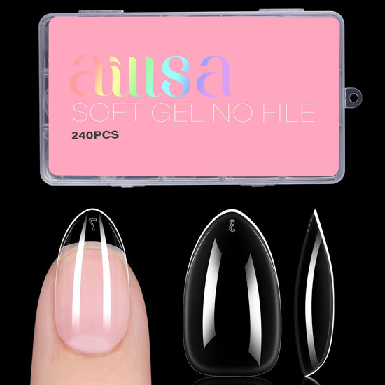 Picture of AILLSA Short Almond Nail Tips for Valentine's Day, 15 Sizes 240PCS Preshaped Soft Gel Clear Nail Tips Full Cover False Nail Tips Short Almond Shaped Nail Tips