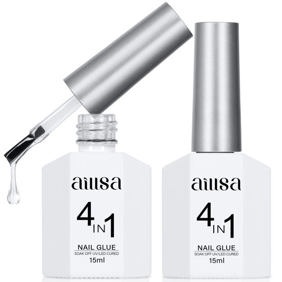 Picture of AILLSA 2PCS Gel Nail Glue for Acrylic Nails, 4 in 1 Super Strong Nail Gel Glue for False Nail Tips U V Curing Needed, 15ml High Capacity Gel Extension Brush On Nail Glue for Rhinestone Pearl Foil