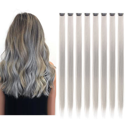 Picture of Grey Colored Hair Extensions Straight Synthetic Hairpieces Colorful Clip in Hair Extensions Fashion Gift for Kids Girls Women 8Pcs (Grey)
