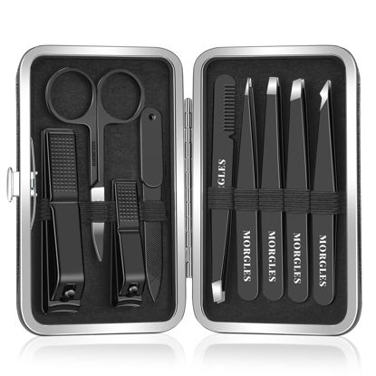 Picture of MORGLES Tweezers Set and Nail Clippers, 9 Pcs Stainless Steel Tweezers Kit for Men Professional Manicure Set for Men Grooming Kit with Leather Travel Case
