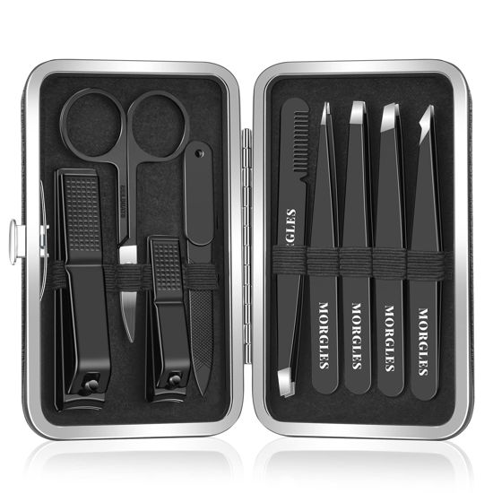 Picture of MORGLES Tweezers Set and Nail Clippers, 9 Pcs Stainless Steel Tweezers Kit for Men Professional Manicure Set for Men Grooming Kit with Leather Travel Case