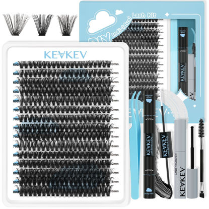 Picture of KevKev Lash Extension Kit 300Pcs Lash Clusters Kit DIY Eyelash Extension Kit with Lash Bond and Seal Eyelash Remover Lash Applicator Wispy Lashes Look Like Extensions (60D+70D+80D, D-10-18mix)