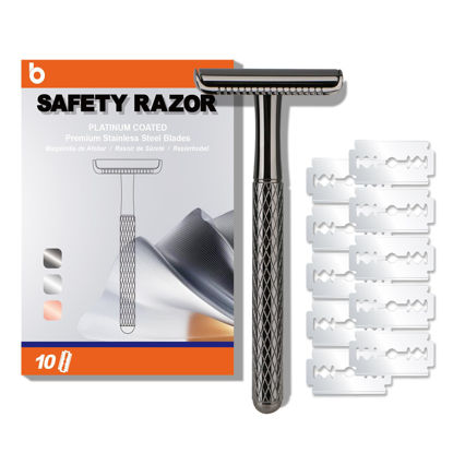Picture of Single Blade Razors for Men and Women, Reusable Double Edge Safety Razor, Metal Razors for Women, Face Razors for Men Shaving, with 10 Safety Razor Blade Refills, No Plastic, (Shiny Gun Black)