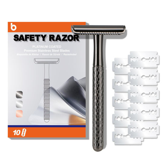 Picture of Single Blade Razors for Men and Women, Reusable Double Edge Safety Razor, Metal Razors for Women, Face Razors for Men Shaving, with 10 Safety Razor Blade Refills, No Plastic, (Shiny Gun Black)