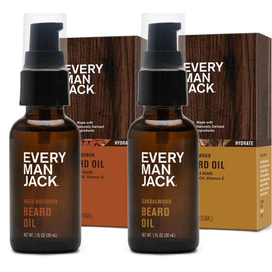 Picture of Every Man Jack Mens Beard Oil - Subtle Aged Bourbon & Sandalwood Fragrance - Deeply Moisturizes and Softens Your Beard and Adds a Natural Shine - Naturally Derived with Shea Butter - 1 fl oz (2 Pack)