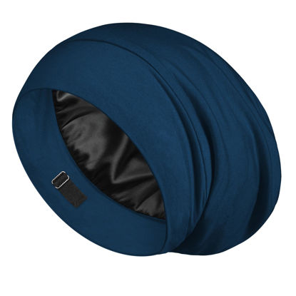 Picture of LULUSILK Mulberry Silk Lined Sleep Cap, No More Frizzy Tangled Hair, Stay On All Night Silk Hair Wrap for Sleeping with Adjustable Strap, Silk Bonnet for Women and Men, Bijou Blue, Pack of 1
