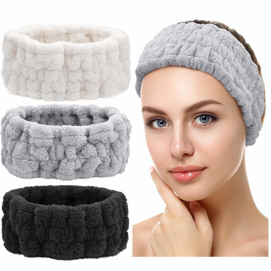 Picture of Chuangdi 3 Pieces Spa Headband for Women Facial Makeup Headband Soft Terry Cloth Hairband for Washing Face Mask Spa Shower Gifts(Black, White, Light Grey)