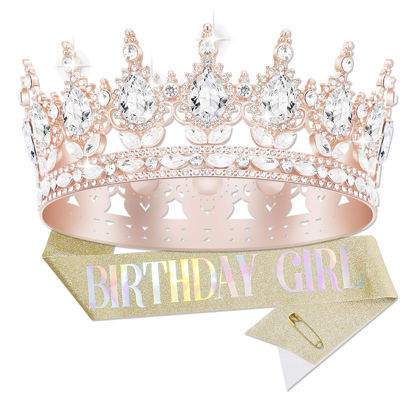 Picture of YOUlDIANZI Queen Crown Birthday Crowns for Women, Birthday Girl Sash, Birthday Tiara for Women Set, Princess Rhinestone Birthday Girl Headband Birthday Gifts for Women, Sweet Happy Accessories