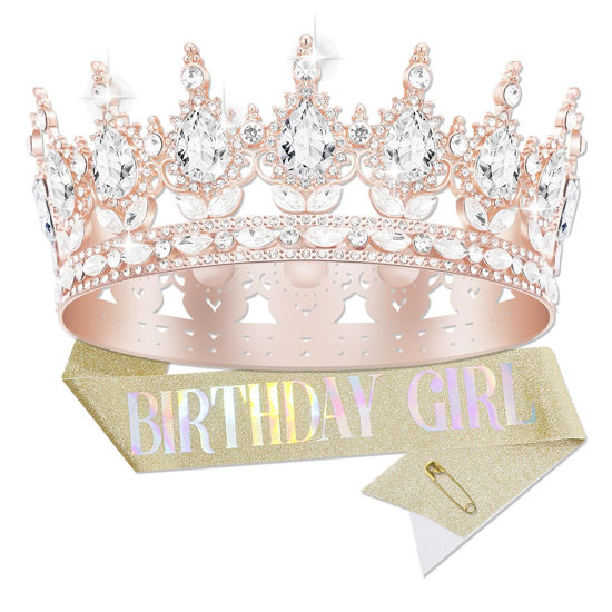 Picture of YOUlDIANZI Queen Crown Birthday Crowns for Women, Birthday Girl Sash, Birthday Tiara for Women Set, Princess Rhinestone Birthday Girl Headband Birthday Gifts for Women, Sweet Happy Accessories