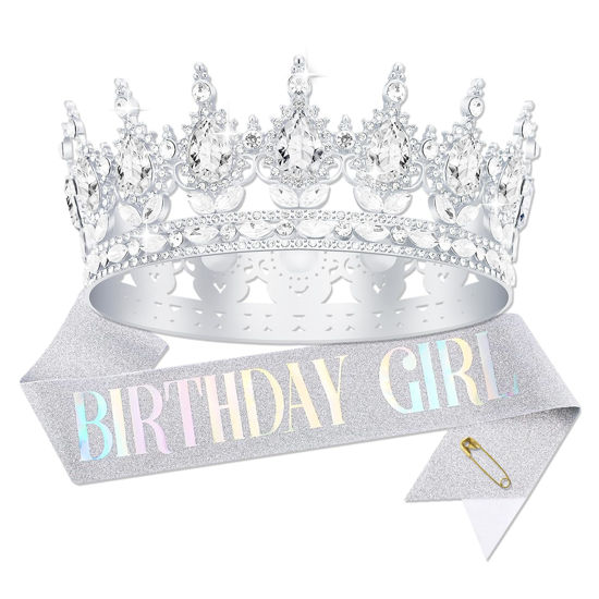 Picture of YOUlDIANZI Queen Crown Birthday Crowns for Women, Birthday Girl Sash, Birthday Tiara for Women Set, Princess Rhinestone Birthday Girl Headband Birthday Gifts for Women, Sweet Happy Accessories