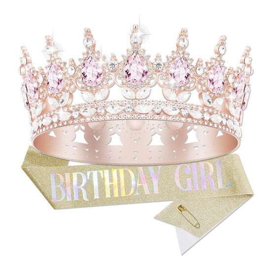 Picture of YOUlDIANZI Queen Crown Birthday Crowns for Women, Birthday Girl Sash, Birthday Tiara for Women Set, Princess Rhinestone Birthday Girl Headband Birthday Gifts for Women, Sweet Happy Accessories