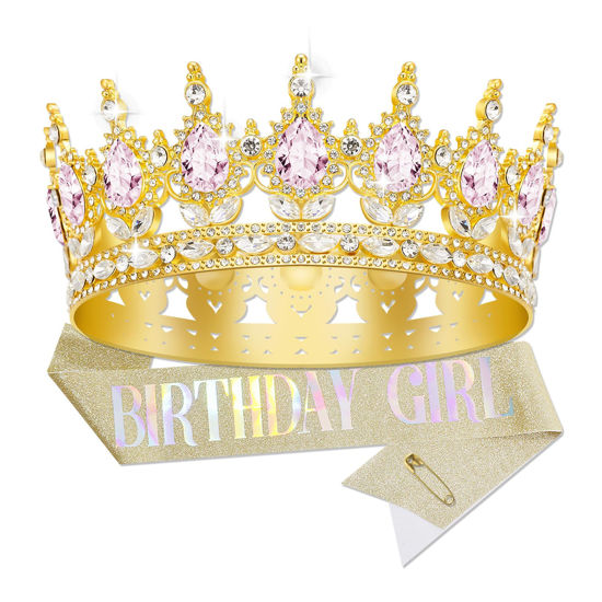 Picture of YOUlDIANZI Queen Crown Birthday Crowns for Women, Birthday Girl Sash, Birthday Tiara for Women Set, Princess Rhinestone Birthday Girl Headband Birthday Gifts for Women, Sweet Happy Accessories