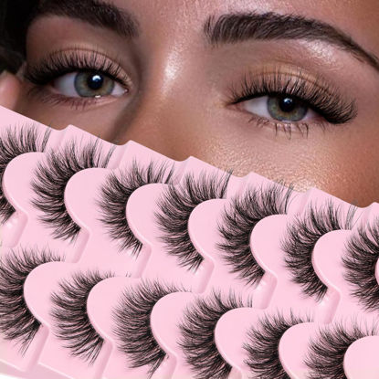 Picture of Veleasha Natural Lashes Fluffy Eyelashes Cat Eye Lashes 7 Pairs 8-15mm Clear Band False Eyelashes C Curl Wispy Faux Mink Lashes Soft 100% Handmade Fake Eyelashes (C01)