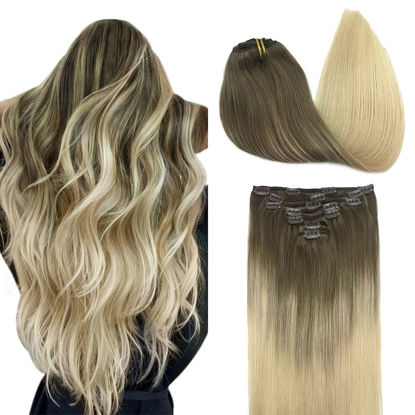 Picture of DOORES Hair Extensions Clip in Human Hair, Ash Brown to Platinum Blonde 12 Inch 7pcs 80g, Clip in Hair Extensions Real Human Hair Extensions Human Hair Natural Silky Straight Hair