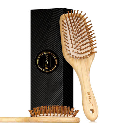 Picture of Bamboo Hair Brush with Paddle, Rounded Wood Bristles for Detangling and Gently Massaging Scalp by BFWood, Reduces Frizz and Static