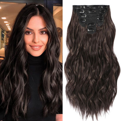 Picture of Fliace Clip in Hair Extensions, 6 PCS Natural & Soft Hair & Blends Well Hair Extensions, Dark Brown Long Wavy Hairpieces(20inch, 6pcs, Dark Brown)