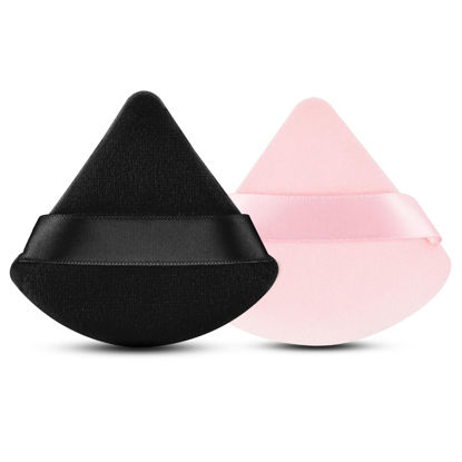 Picture of 2 Pcs EVAOUXIU Triangle Powder Puff for Face Powder, Soft Plush Setting Powder Puff, Velour Cosmetic Foundation Blender Sponge Beauty Makeup Tools (Black&Pink)