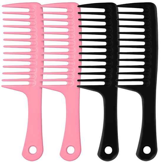 Picture of MODENGKONGJIAN 4PCS Wide Tooth Comb, Large Hair Detangling Comb Styling Comb for Curly, Wet, Long Hair with Handgrip (Black & Pink)