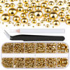 Picture of Belleboost Flat Back Pearls Kits 1 Box of Flatback Gold Half Round Pearls with Pickup Pencil and Tweezer for Home DIY and Professional Nail Art, Face Makeup and Craft
