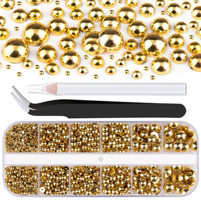 Picture of Belleboost Flat Back Pearls Kits 1 Box of Flatback Gold Half Round Pearls with Pickup Pencil and Tweezer for Home DIY and Professional Nail Art, Face Makeup and Craft