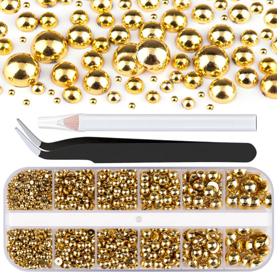 Picture of Belleboost Flat Back Pearls Kits 1 Box of Flatback Gold Half Round Pearls with Pickup Pencil and Tweezer for Home DIY and Professional Nail Art, Face Makeup and Craft