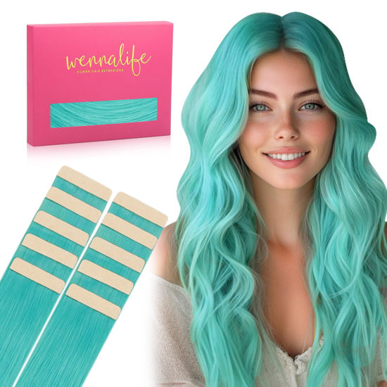 Picture of WENNALIFE Tape in Hair Extensions Human Hair Teal Green Tape in Extensions, 10pcs 20g 12 inch Remy Invisible Tape Ins Straight Colored Soft Real Human Hair Tape in Extensions Refill Set Extensions