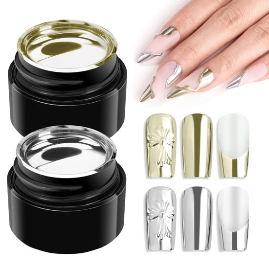 Picture of Makartt Chrome Gel Nail Polish Set: Metallic Gel Nail Polish, Silver and Gold 3D Metal Painting Gel for Nail Art Soak off UV/LED Glossy Mirror Effect Nail Glue Gel for Home Salon DIY Manicure（2pcs）