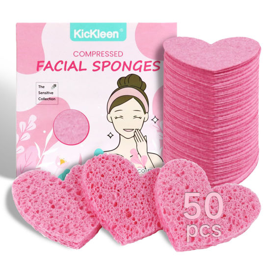 Picture of 50-Count Kickleen Compressed Cellulose Heart Shape Facial Sponges | Natural Cosmetic Spa Sponges for Facial Cleansing | Exfoliating | Makeup Mask Removal | Reusable | Skin Massage (50 Count (Pink))