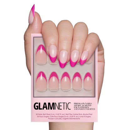 Picture of Glamnetic Press On Nails - Raspberry Sorbet | Semi-Transparent Magenta Dark Pink French Tip Short Almond False Nails, Reusable Stick On Fake Nails with Glue | Salon Quality | 15 Sizes - 30 Nail Kit