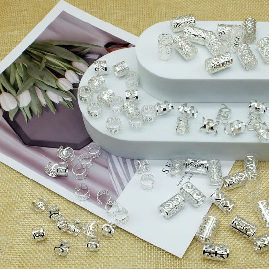 Picture of 100 PCS Hair Jewels for Braids Silver Dreadlock Beads Loc Accessories Hair Rings for Girls Adjustable Cuffs Iron Braiding Hair Rings Decoration Hair Jewelry for Women