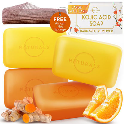 Picture of Kojic Acid Soap, Turmeric Soap Bar & Orange for Hyper-pigmentation, Helps Reduce Dark Spot, Japanese Kojic Acid and Turmeric Soap with African Net Sponge, Hyaluronic Acid & Retinol (4 Pack)