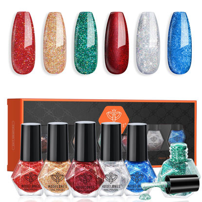 Picture of modelones New Year Nail Polish Set 6 Colors, Red Green Burgundy Gold Silver Blue Glitter Quick Dry Mini Nail Lacquer Kit with Christmas Stickers, Sparkle Winter Nail Art Manicure Gift for Girls Women