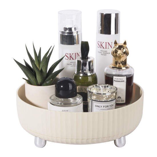 Picture of Anyoifax Makeup Perfume Organizer Tray 360 Degree Rotating Lazy Susan Skincare Lotion Organizer Spinning Cosmetics Storage for Dresser, Vanity, Bathroom Countertop, Small Beige