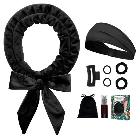 Picture of Gwabee No Heat Curling Headband, 70" Soft Hair Curlers to Sleep In Overnight Curls Headband, No Heat Hair Curler Ribbon Curl Wrap for Long Hair Rollers, 9 PCS Curling Rods Set with Yoga Strap -Black