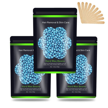 Picture of Wax Beads for Hair Removal 10.5 oz (300 g), Auperwel Hard Wax Beads for Sensitive Skin Brazilian, Face, Bikini, Eyebrow, Legs, Painless Waxing Beads for Women Men, 3 packs Wax Kit with 10 Wax Sticks