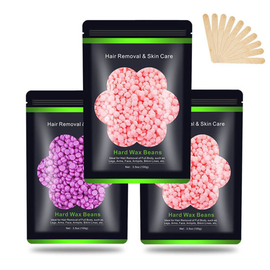 Picture of Wax Beads for Hair Removal 10.5 oz (300 g), Auperwel Hard Wax Beads for Sensitive Skin Brazilian, Face, Bikini, Eyebrow, Legs, Painless Waxing Beads for Women Men, 3 packs Wax Kit with 10 Wax Sticks