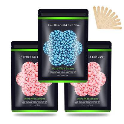 Picture of Wax Beads for Hair Removal 10.5 oz (300 g), Auperwel Hard Wax Beads for Sensitive Skin Brazilian, Face, Bikini, Eyebrow, Legs, Painless Waxing Beads for Women Men, 3 packs Wax Kit with 10 Wax Sticks