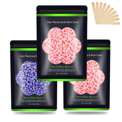 Picture of Wax Beads for Hair Removal 10.5 oz (300 g), Auperwel Hard Wax Beads for Sensitive Skin Brazilian, Face, Bikini, Eyebrow, Legs, Painless Waxing Beads for Women Men, 3 packs Wax Kit with 10 Wax Sticks